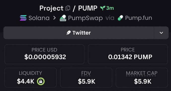 A screenshot of a crypto token tracking page showing 'Project / PUMP' on Solana via PumpSwap and Pump.fun, with PRICE USD at $0.00005932, PRICE at 0.01342 PUMP, LIQUIDITY at $4.4K, FDV at $5.9K, and MARKET CAP at $5.9K.