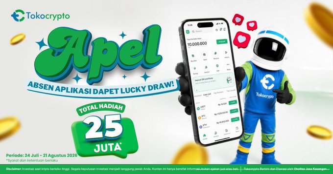 The image is a promotional banner for Tokocrypto's "APEL" campaign featuring a mascot astronaut holding a smartphone displaying the Tokocrypto app, with stylized text announcing a Rp25 MILLION total prize pool for the lucky draw running from July 24 to August 21, 2025. The design uses green bubble lettering, gold coins, and red social media icons to highlight the reward opportunity, directly supporting the post's call to engage with the app for a chance to win prizes.