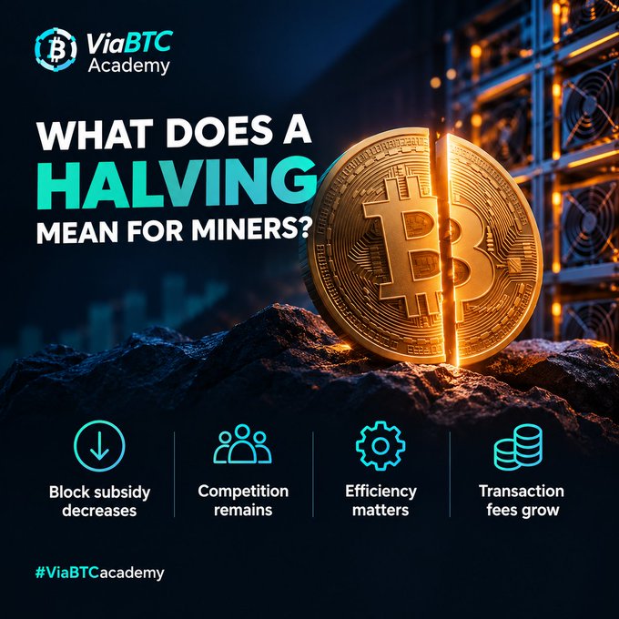 ViaBTC Academy infographic asking "What does a halving mean for miners?" showing a split Bitcoin coin with four impacts: block subsidy decreases, competition remains, efficiency matters, and transaction fees grow.