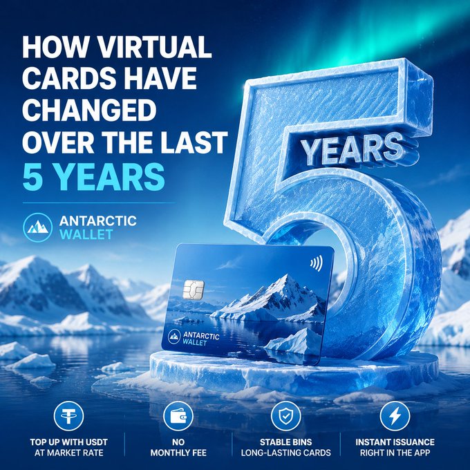 A promotional graphic for Antarctic Wallet titled 'How Virtual Cards Have Changed Over The Last 5 Years', showing a blue card on an ice formation with features like USDT top-up, no monthly fees, and instant issuance.