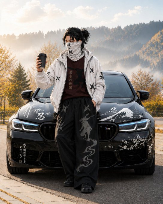 A masked figure in a white jacket with Japanese characters and dark pants stands holding a coffee cup in front of a black BMW adorned with artwork, set against a misty mountain backdrop.