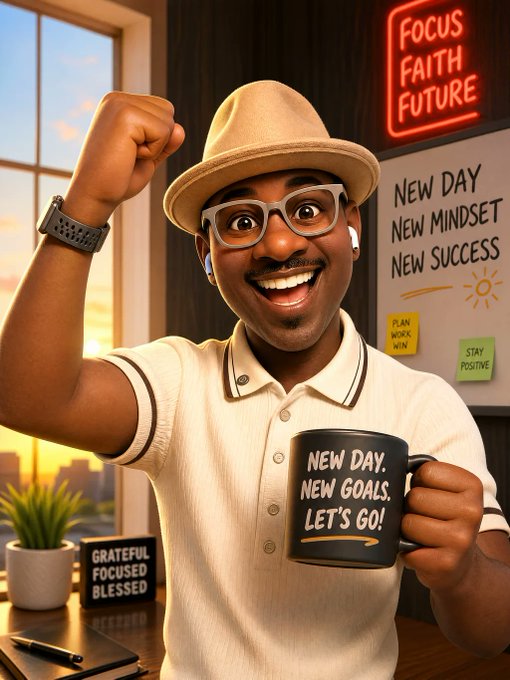 A cheerful man in a fedora and glasses raises a fist in determination while holding a mug reading "NEW DAY. NEW GOALS. LET'S GO!" amid motivational signage including "FOCUS FAITH FUTURE" and "NEW DAY NEW MINDSET NEW SUCCESS." The image reinforces the post's Saturday grind message with its theme of staying focused and goal-oriented even on weekends.