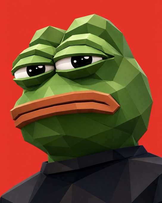A low-poly 3D rendered Pepe the Frog with a melancholic expression wearing a dark shirt against a bright red background.