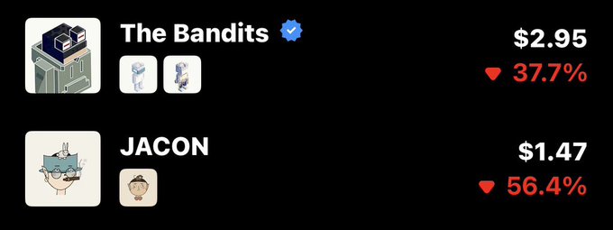 Trading interface showing NFT collections 'The Bandits' priced at $2.95 (down 37.7%) and 'JACON' priced at $1.47 (down 56.4%) with their respective avatar images.