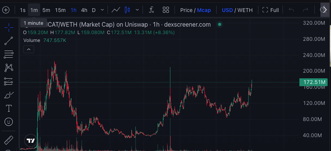 A candlestick chart from DEX Screener displays the CAT/WETH trading pair on Uniswap with a market cap of $172.51M and 13.31M (+8.36%) change. The image relates to the post as it shows the trading activity for Cashcat ($CASHCAT), highlighting its price performance and market cap.