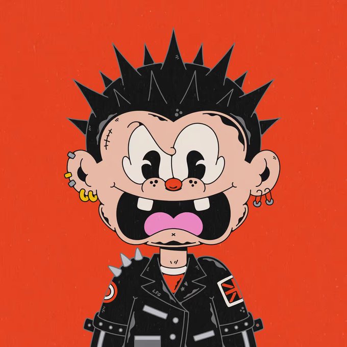 An illustration of a cartoon character with spiky black hair, multiple earrings, wearing a black studded jacket against an orange background.