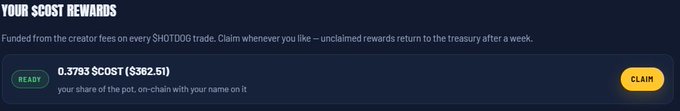 A screenshot of a 'YOUR $CO$T REWARDS' panel showing 0.3793 $CO$T ($362.51) funded from creator fees on every $HOTDOG trade, with a yellow CLAIM button.