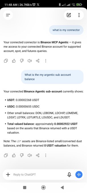 A mobile screenshot of a ChatGPT conversation showing a response from Binance MCP Agentic about a user's sub-account balance, showing small balances of USDT, USDC, and other tokens.