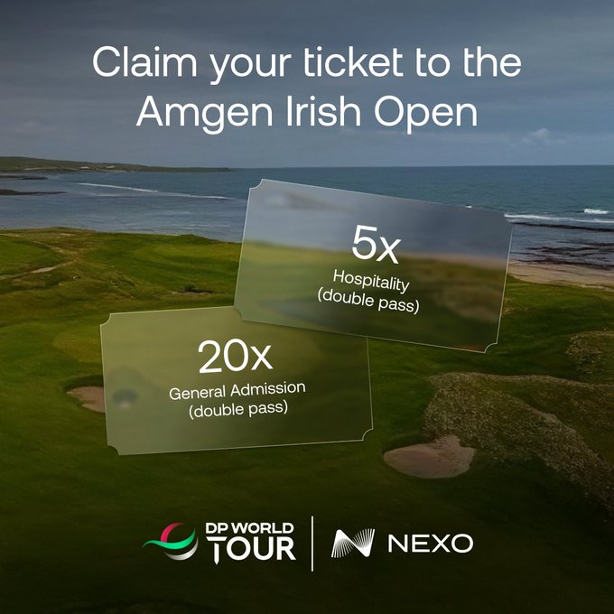 A promotional graphic featuring a scenic coastal golf course advertises "Claim your ticket to the Amgen Irish Open," offering 20x General Admission (double pass) and 5x Hospitality (double pass) tickets, co-branded by DP World Tour and NEXO, encouraging users to complete a $100+ Borrow transaction before September 1 to claim their 4-day pass to the Sept 10–13 event.
