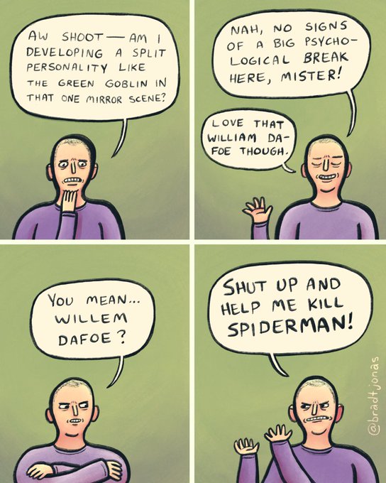 The image features a comic strip with four panels depicting different scenarios involving two men wearing purple shirts. The first panel shows one man talking to another while holding his hand up, possibly indicating an action or gesture. The second panel depicts the same man raising his hand in front of him and looking at someone else who is also wearing a purple shirt. The third panel features both men standing next to each other with their hands on their hips, suggesting they are engaged in a conversation or disagreement. Finally, the fourth panel shows one man holding up his hand while talking to another person, possibly indicating an action or gesture during their discussion.
