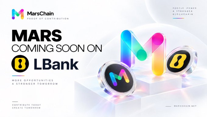 Promotional banner announcing "MARS COMING SOON ON LBank," featuring MarsChain's logo alongside a vibrant 3D "M" and LBank's branding, with the tagline "PEOPLE POWER A STRONGER BLOCKCHAIN" and calls to action like "CONTRIBUTE TODAY, CREATE TOMORROW," aligning with MarsChain's upcoming listing on LBank on September 10, 2026.