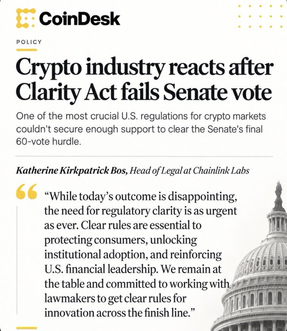 A CoinDesk article titled 'Crypto industry reacts after Clarity Act fails Senate vote,' featuring a quote from Katherine Kirkpatrick Bos, Head of Legal at Chainlink Labs, discussing the need for regulatory clarity.