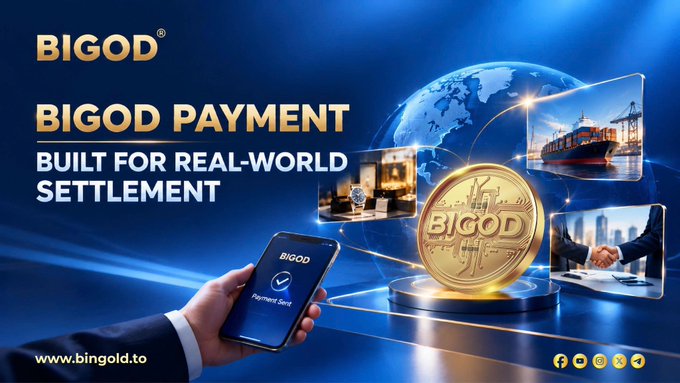 Advertisement for 'BIGOD PAYMENT' described as 'BUILT FOR REAL-WORLD SETTLEMENT', showing a smartphone with a 'Payment Sent' confirmation, a gold BIGOD coin, and imagery representing global commerce like shipping, real estate, and business handshakes, with website www.bingold.to.