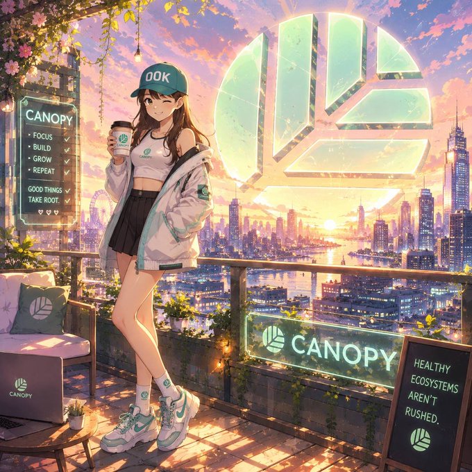 An anime-style illustration of a girl wearing a teal "OOK" cap and white jacket holding a coffee cup on a balcony overlooking a sunset cityscape, with "CANOPY" branding and text reading "FOCUS, BUILD, GROW, REPEAT" and "HEALTHY ECOSYSTEMS AREN'T RUSHED."