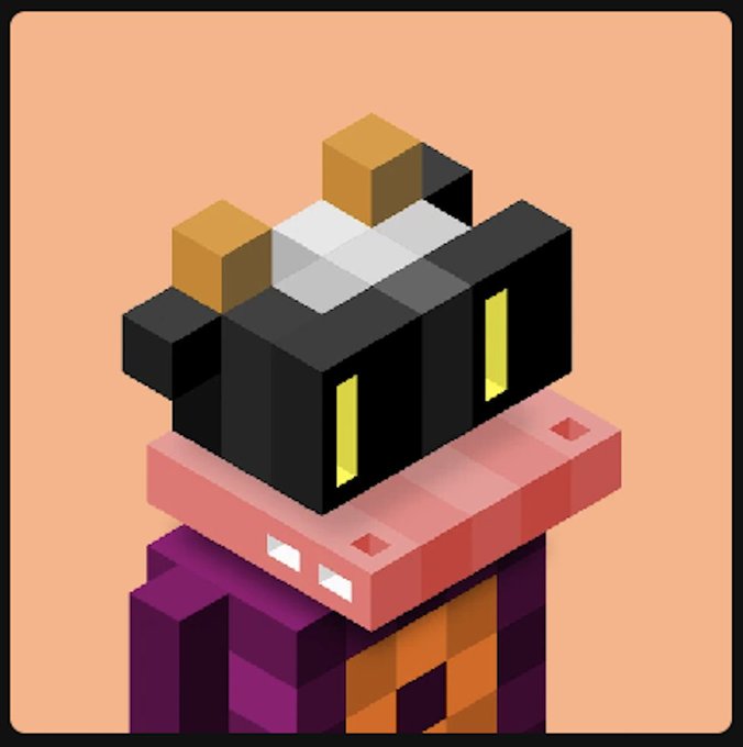 An isometric voxel art style illustration of a cat-like character with a black blocky head, yellow glowing eyes, pink blocky muzzle, and brown-tipped ears, wearing a purple garment against a peach background.
