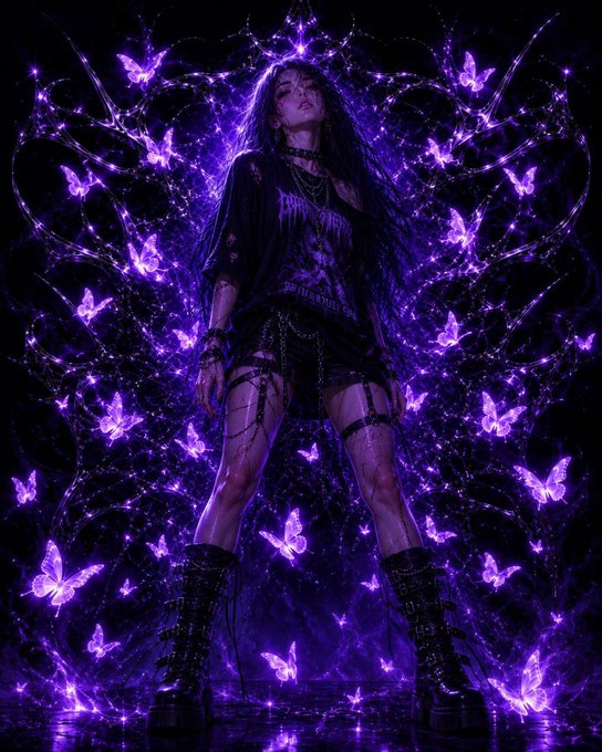 A stylized digital artwork depicts a pale-skinned woman with dark hair in gothic attire—including a black top and boots—standing before a large, intricate purple fractal pattern surrounded by glowing purple butterflies.