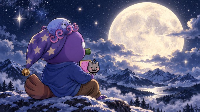 A whimsical illustration of a purple octopus in a star-patterned nightcap sitting on a snowy mountain peak under a full moon, holding a Nyan Cat-themed cup.