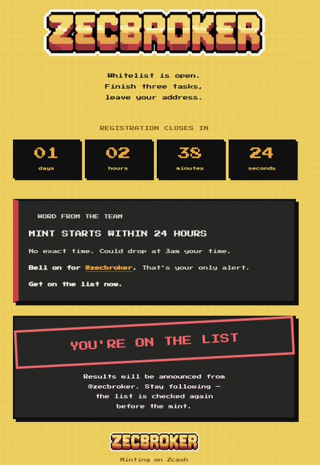 A pixel-art style promotional graphic for 'ZECBROKER' announcing that whitelist registration closes in 01 days, 02 hours, 38 minutes, and 24 seconds, confirming 'YOU'RE ON THE LIST' for a Zcash minting event.