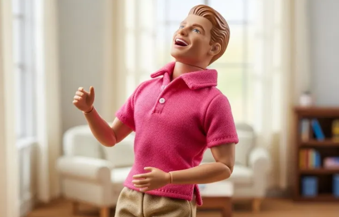 A stylized figurine of a laughing man in a pink polo shirt, captured mid-laugh with his head tilted back and fist raised, appears joyful in a softly lit living room setting—visually echoing the lighthearted or celebratory tone implied by the "Clarity Act" reference.