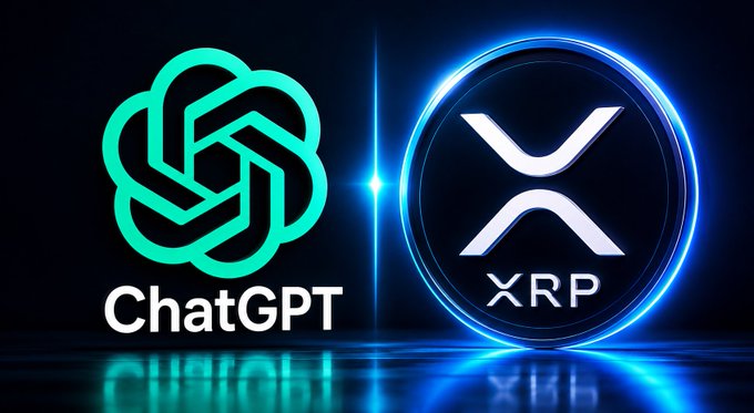 The image features two logos side by side - a circular logo with a green border and a white center, representing ChatGPT, and an XRP logo with a blue border and white center. The text "MASSIVE" is written below both logos, indicating that users can now access direct XRP purchase flows through MoonPay integration. This integration allows millions of users to discover Ripple news, learn about XRPL, and move straight into buying crypto without the usual exchange friction AI is becoming the new gateway for cryptocurrency exchanges.