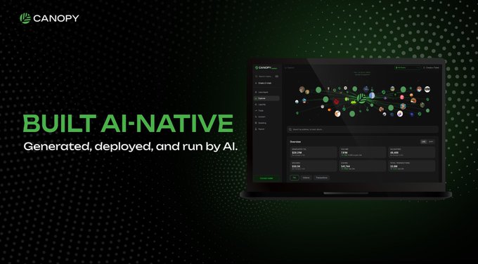 The image is a promotional graphic for CNPY (Canopy) Network, featuring the tagline "BUILT AI-NATIVE - Generated, deployed, and run by AI" alongside a laptop displaying what appears to be a network node map and dashboard interface. The visual reinforces the post's message by showcasing the CNPY Network's AI-driven infrastructure, where a web of interconnected nodes represents the autonomous, self-executing workflow capabilities that distinguish it from projects merely branding themselves as AI-native.