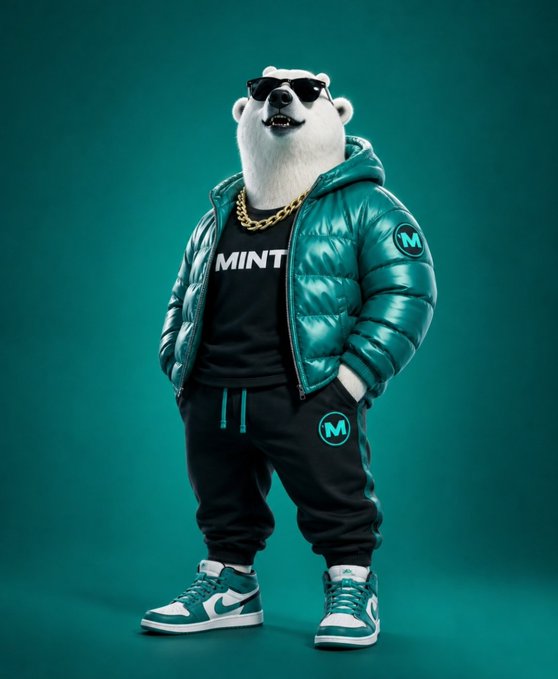 A polar bear wearing sunglasses, a gold chain, a green puffer jacket, a "MINT" t-shirt, black sweatpants, and green sneakers stands against a teal background.