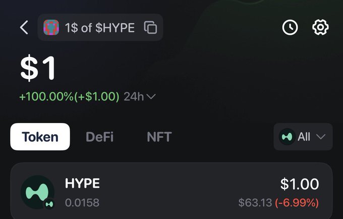 A cryptocurrency app showing $1 of $HYPE token, with +100.00% (+$1.00) gain in 24h, listed at $1.00 (-6.99%) in the Token tab.