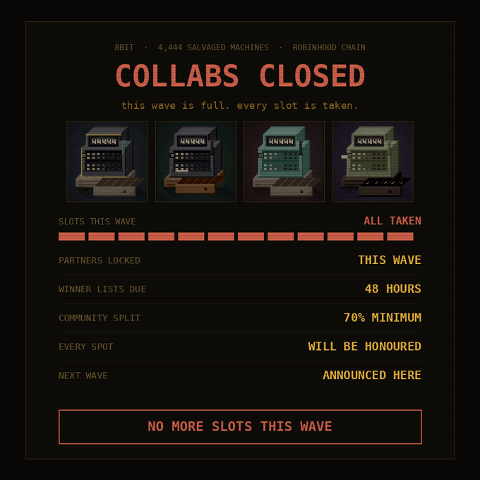 A digital graphic announcing 'COLLABS CLOSED' for 8BIT/4444 Salvaged Machines on Robinhood Chain, showing all slots taken with details on winner lists due in 48 hours and a 70% community split minimum.
