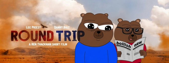 The image features two cartoon bears standing next to each other, both wearing glasses and holding a newspaper. The background of the image shows mountains under a cloudy sky, giving the impression that they are in an outdoor setting. The caption below the image reads "MONTHLY OPEN SHORTERS about to fuck AROUND and FIND out COMING TO A LIQUIDATION ENGINE NEAR YOU AHHHH #BTC". This suggests that there is a post on social media related to the cartoon bears, possibly discussing their adventures or upcoming events.

The main focus of this image is the two cartoon bears wearing glasses and holding a newspaper, which are the central elements in the scene. The background with mountains under a cloudy sky adds depth and context to the overall composition.