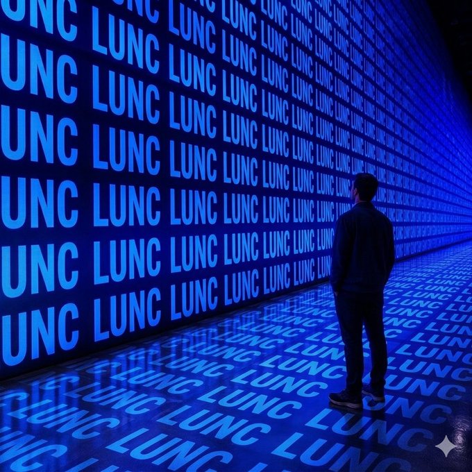 The image shows a man standing in front of a wall with the word "LUNC" written on it, which appears to be blue neon lights. The man seems to be looking at something or someone behind him. There are also other words visible in the background that read "UNC", "LUC", and "LUNC". The image is related to a post about saving all cryptocurrencies, as indicated by the caption.
