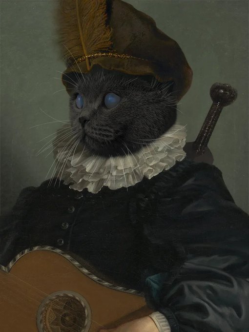 A Renaissance-style portrait of a black cat dressed as a nobleman in historical attire with a feathered hat and ruffled collar, playing a lute.