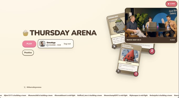 A screenshot of the 'THURSDAY ARENA' gaming platform showing a login session for user 'mattyp' (SISTER - 989) with Play and Practice buttons, alongside a video thumbnail and interface elements.