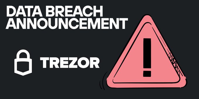 A dark-themed announcement graphic features a pink warning triangle with an exclamation mark, the word 'TREZOR' next to a padlock icon, and the headline 'DATA BREACH ANNOUNCEMENT'.