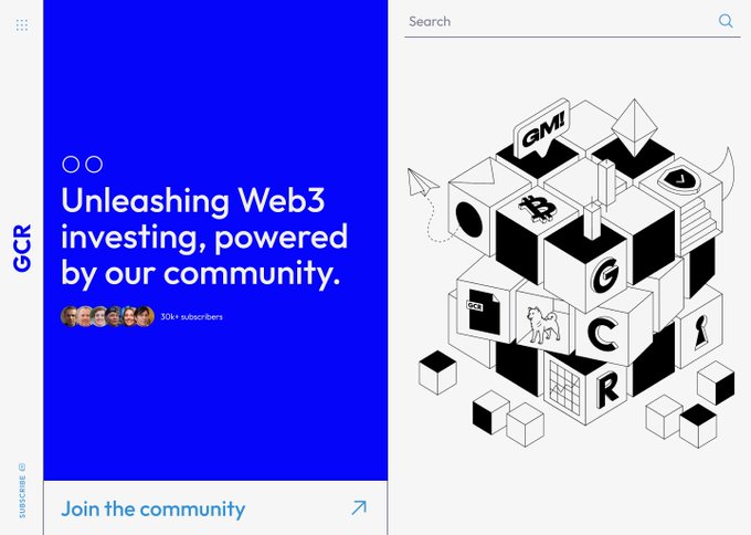 A website screenshot with the GCR logo and headline 'Unleashing Web3 investing, powered by our community.' next to an illustration of stacked blocks featuring crypto and brand symbols.