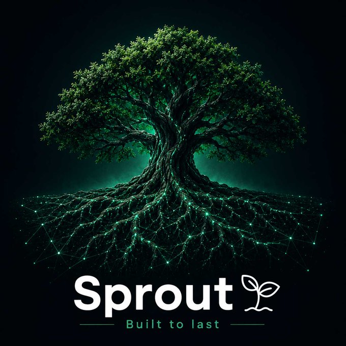 The image features a majestic tree with glowing green roots spreading out beneath it like a network, with the text "Sprout" and "Built to last" below. The visual aligns with the post's theme of growth and digital forestry, symbolizing how the player is cultivating their virtual "grove" while contributing to real-world tree planting through the game's LEAF token ecosystem.