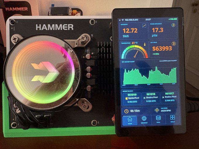 A HAMMER cryptocurrency mining setup with RGB lighting next to a smartphone displaying a mining dashboard showing 12.72 TH/S hashrate, 17.3 J/TH efficiency, 61°C temperature, $63993 BTC price, and pool connections to SpiderPool and Braiins Pool.