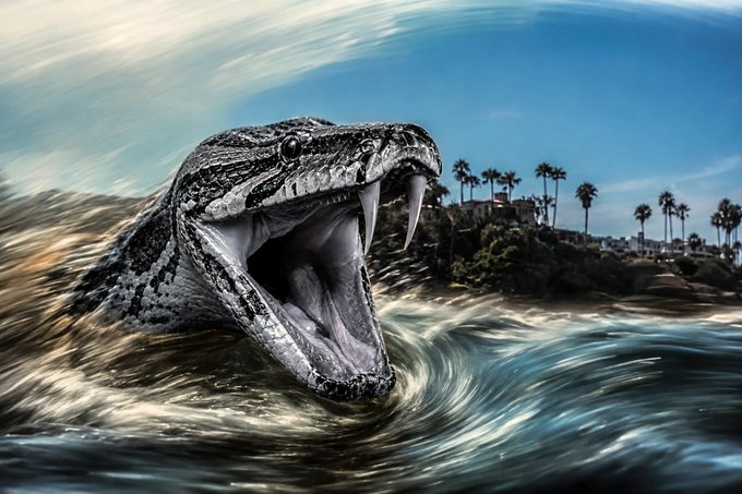A dramatic, cinematic close-up of a snake with bared fangs emerging from churning water, with palm trees and a coastline visible in the background under a blue sky.