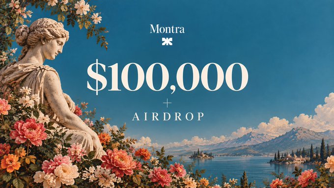 A classical statue surrounded by lush flowers frames a scenic mountain lake landscape, with bold text announcing "Montra $100,000 AIRDROP" to promote their new community launchpad for the @Enter_Elysium ecosystem.