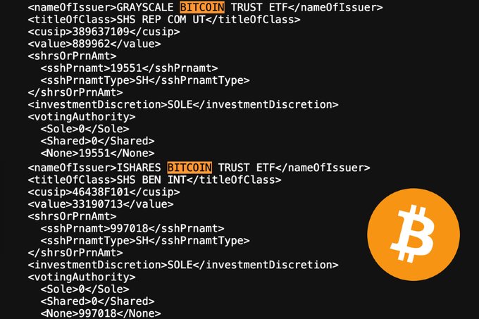 The image shows XML-formatted financial disclosure data listing two Bitcoin ETF holdings by issuers Grayscale (BTC Trust, cusip 389637109) and iShares (BITCOIN Trust ETF, cusip 46438F101), with values of $889,962 and $3,319,071 respectively. This appears to be a snippet from a regulatory filing (such as a 13F) showing Bitcoin ETF positions, illustrating the type of disclosure mentioned in the post about Edleman Financial's $34 million Bitcoin ETF holdings.