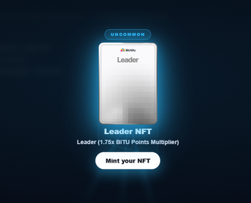 A digital NFT card labeled 'Leader' with the subtitle 'Leader NFT' and 'Leader (1.75x BITU Points Multiplier)' featuring a 'Mint your NFT' button, tagged as 'UNCOMMON'.
