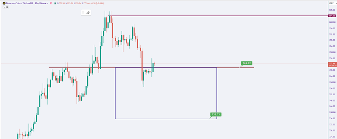 A Binance Coin (BNB/USDT) trading chart on TradingView shows candlestick price action with a blue rectangle highlighting a short trade setup and red horizontal resistance lines.