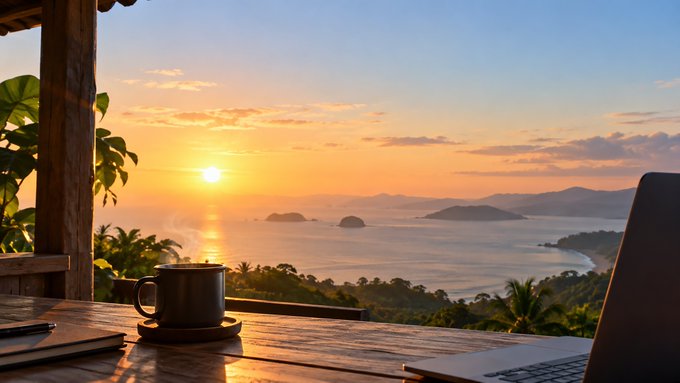 A coffee mug and laptop sit on a wooden table overlooking a stunning ocean sunset with islands silhouetted against the golden sky.