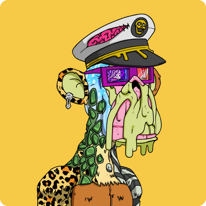 A surreal cartoon illustration of a character with a captain's hat featuring a brain, colorful sunglasses, a green lizard-skin texture, leopard print accents, and a melting face on a solid yellow background.