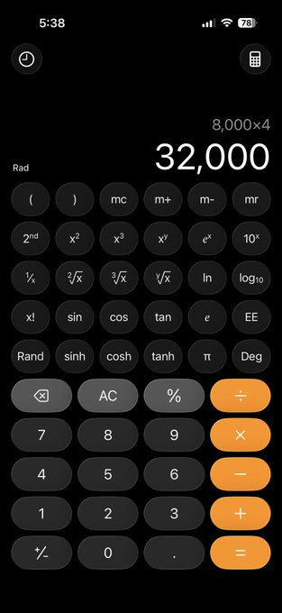 An iPhone calculator app shows "8,000×4 = 32,000," representing the post's claim that a friend received 4 NFTs valued at $8,000 each.