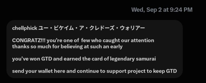 A screenshot of a message from 'chellphick' announcing a 'CONGRATZ!!!' win of 'GTD' and offering a 'card of legendary samurai', asking the recipient to send their wallet.