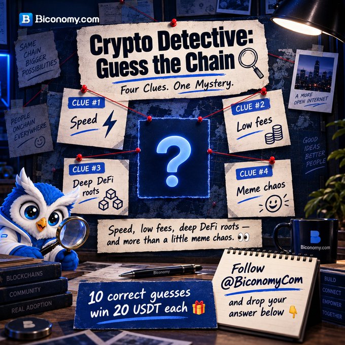 A 'Crypto Detective: Guess the Chain' puzzle from Biconomy.com providing four clues—speed, low fees, deep DeFi roots, and meme chaos—with an offer of 20 USDT for 10 correct guesses.