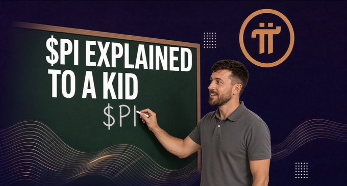 A promotional graphic titled "$PI EXPLAINED TO A KID" shows a man writing "$PI" on a chalkboard next to the Pi Network logo.