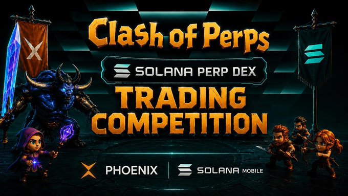 An advertisement for a 'Clash of Perps TRADING COMPETITION' labeled as a 'SOLANA PERP DEX', featuring fantasy characters and logos for Phoenix and Solana Mobile.
