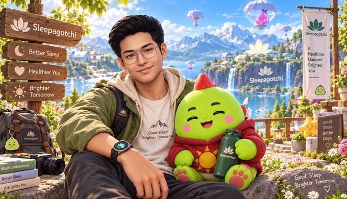 A promotional image for 'Sleepagotchi' shows a man wearing a Sleepagotchi t-shirt sitting next to a green mascot character in a scenic mountain landscape.