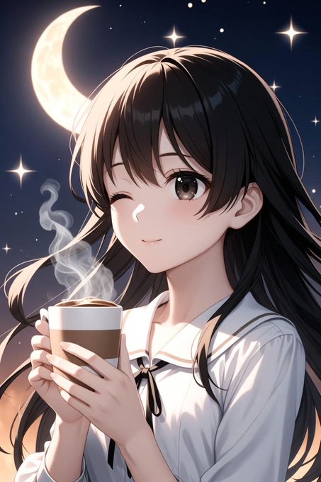 The image features a young girl with long hair, dressed in a white shirt, holding a cup of coffee against a backdrop of stars and a moon. The caption reads "Good Evening Recently started exploring @River4fun and one thing is clear The ecosystem never slows down. While many are still focused on Season 5 @RiverdotInc is already preparing for Season 6. For now I'M focused on: Staying active Growing my River Points".